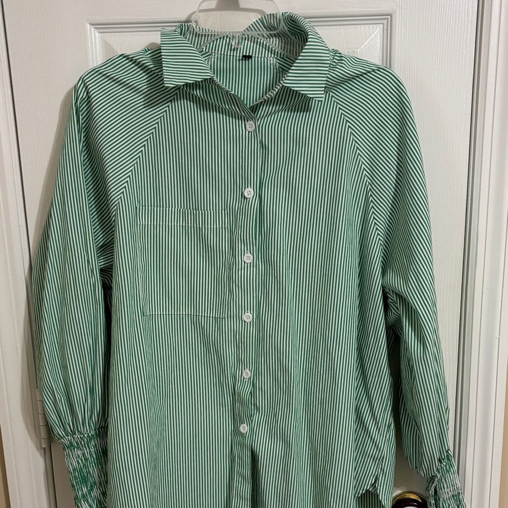 Amazon Green and White Striped Button-Up Blouse